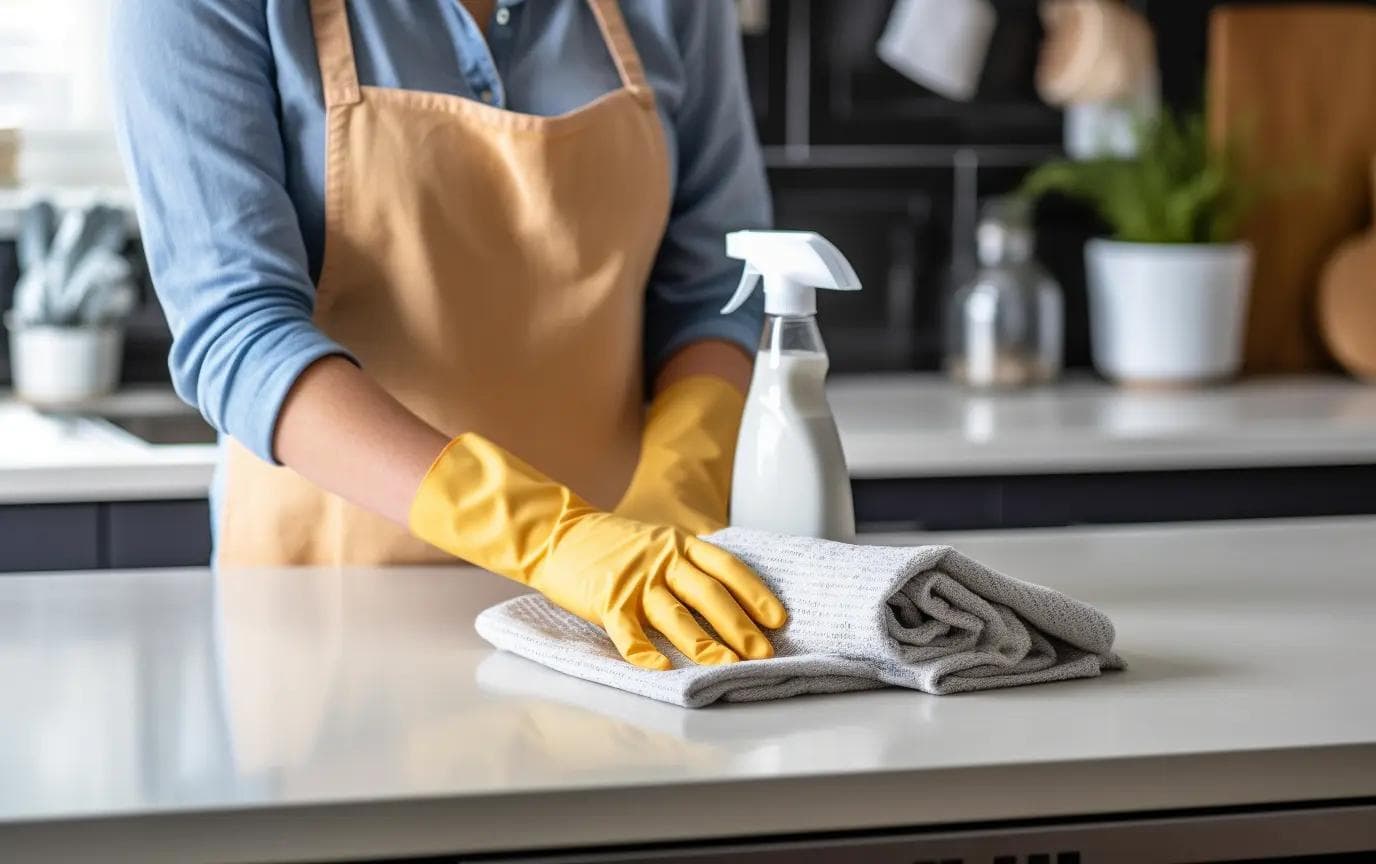 A cleaning lady cleaning a tabletop in an office kitchen.
